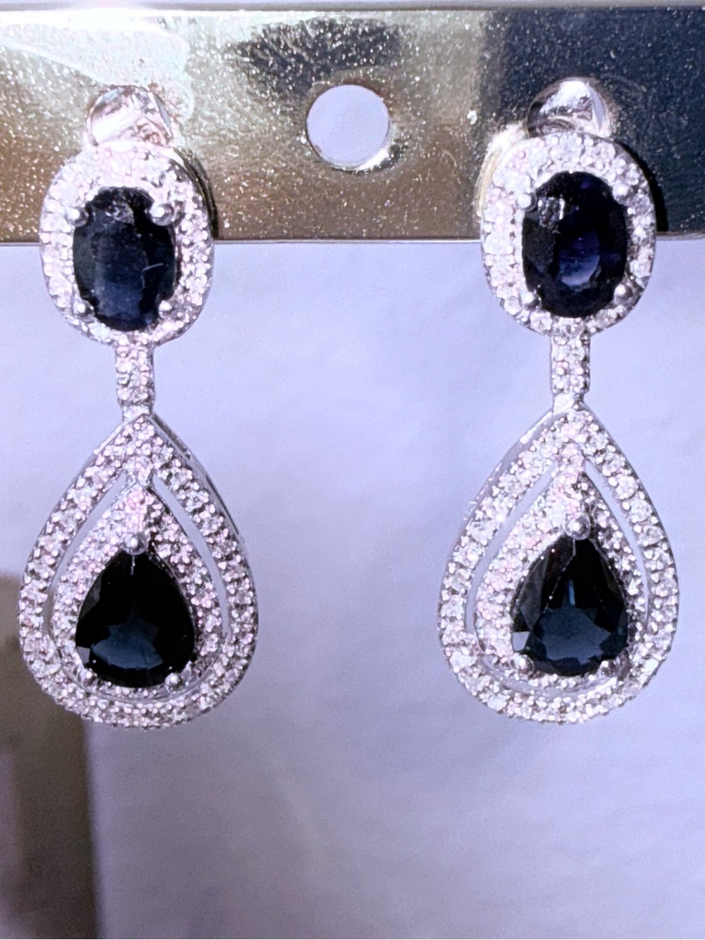 Solid 14k White Gold Natural Sapphire & Diamond Earrings - Vtg